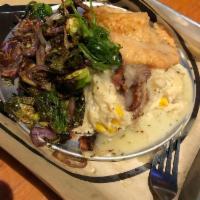 Chicken Pot Pie · Served with trash mashed potatoes and Brussel sprouts.