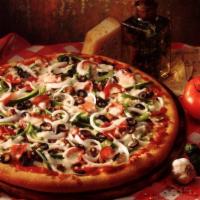 Deluxe Pizza · Zaytoon red sauce, mozzarella, pepperoni, onions, green peppers, black olives, mushrooms and...