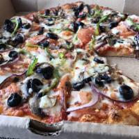 Veggie Pizza · Zaytoon red sauce, mozzarella, tomatoes, onions, green peppers, mushrooms and black olives.