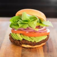 Veggie Burger · Farm-Made Veggie Patty, Avocado, Crisp Butter Lettuce, Tomato, Red Onion, House Sauce. Serve...