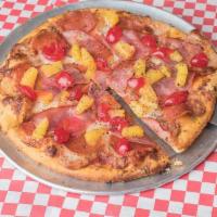 Aloha Pizza · Pizza sauce, mozzarella, ham, pepperoni, pineapple and cherries.