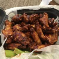 Honey BBQ Wings · Choice of traditional or boneless wings served with blue cheese or ranch dressing and celery...