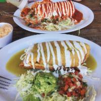 Verde Chimichanga · Deep-fried burrito beans, rice, choice of meat, topped with green sauce, sour cream. Side of...