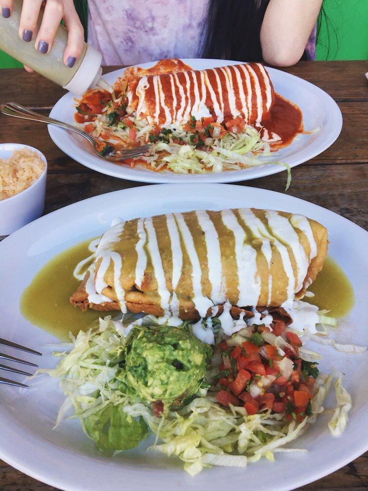Verde Chimichanga · Deep-fried burrito beans, rice, choice of meat, topped with green sauce, sour cream. Side of lettuce, salsa Fresca and guacamole.