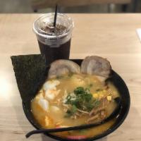 Seafood Ramen · Shrimp, fish cake, boiled egg, bamboo shoots, scallop, green onions, sprouts, corn, seaweed.
