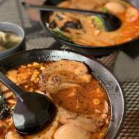 Miso Ramen · Fermented soy bean paste soup base. Toppings: roasted pork, boiled egg, kikurage mushrooms, ...