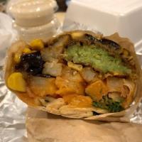 King Wrap · Falafel, French Fries, fried Garlic Eggplant, grilled corn, raw onions, cilantro and Homemad...