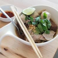 River Market Noodle · Rice noodle and sliced beef in herb and bone broth garnished with scallions and cilantro (ve...