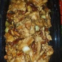 Kung Pao Chicken · 16 oz. white chicken meat, peanuts, onions and dry chili in a spicy kung pao sauce. 
 Hot an...
