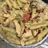 Pesto Gorgonzola Penne · Penne with chicken breast, mushrooms, fresh tomatoes and sun dried tomatoes in our creamy pe...