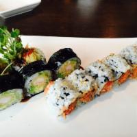 Shrimp Tempura Roll · 5 pieces. Tempura shrimp, with kaiwari cucumber, avocado, and red leaf, with eel sauce. Seaw...