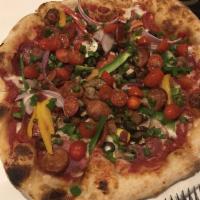 Americano Pizza · Mozzarella, pepperoni, salami, mushrooms, sausage, bell peppers, onion, scallions, linguica,...