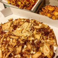 Buffalo Chicken Pizza · Smoking hot Buffalo pizza sauce with marinated chicken and onion served with ranch or blue c...