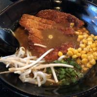 Curry Ramen · Tonkatsu broth, tonkatsu, Japanese curry, green onion, corn and bean sprout.