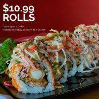 Miami Roll · 8 pieces. Shrimp tempura, chopped crab stick, scallions, and masago. Topped with crab stick ...