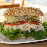 Albacore Tuna Salad · Albacore tuna, romaine lettuce, tomatoes, sunflower seeds and sprouts with house balsamic dr...