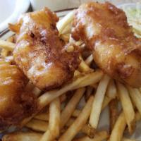 Fish and Chips · Fresh cod, battered and deep-fried. Served with french fries and coleslaw.