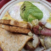 Veggie Omelette · Bell peppers, onions, tomatoes, and mushrooms topped with avocado.  Choice of 3 slices of ch...
