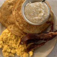 Pancake Special · 2 eggs any style, grits, choice of breakfast meat and 2 pancakes. Substitute spuds and add p...
