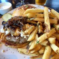 Lamb Burger · feta & goat cheese + cumin mayo + olive relish + arugula + asiago black pepper bun