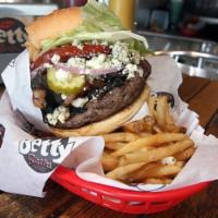 Point Grinder · Bacon, sauteed mushrooms, blue cheese and green onion lube, lettuce, tomatoes, red onions an...