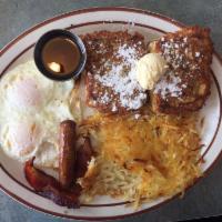 Cinnamon Roll French Toast · Served with 2 eggs, 2 bacon or sausage, and the country potatoes.