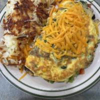 Garden Omelette · Zucchini, spinach, mushrooms, bell peppers, onions, cheddar cheese.