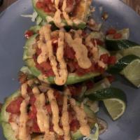 Shrimp Avocado Boat · Sauteed Shrimp Stuffed into avocado 🥑 with tomato, cilantro, sautéed onions, and chipotle m...