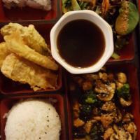 Bento Box · Choice of meat, salad, veggie tempura, 4 pieces California roll, rice and miso soup.