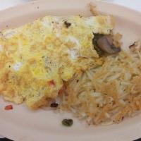 Veggie Omelet · Onion, bell pepper, tomato and cheese. Add jalapenos, mushroom and spinach for an no charge.
