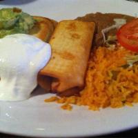 Chimichangas · 3 crispy flour wraps with beans and your choice of ground beef, shredded chicken or chorizo ...