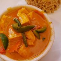 Panang Curry · Sauteed chicken, beef, pork or shrimp with pan roasted peanut, panang curry, kaffir lime lea...