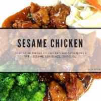Sesame Chicken · Deep fried protein of chicken sauteed with sesame soy glaze and broccoli. Served with choice...