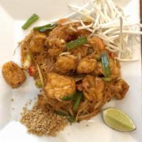 Pad Thai · Thin rice noodles, egg, bean sprouts, scallions, peanuts (Gluten Free, Vegetarian)