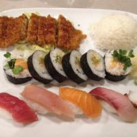 Sushi Combo · 10 pieces of nigiri with a California Roll. Served with miso soup and salad.