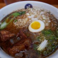 Black Kakuni Ramen · Pork & Chicken broth based noodle soup with braised pork belly, soft boiled soy marinated eg...