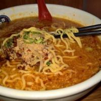 Tan Tan Ramen · Spicy miso chicken based noodle soup with ground pork, bean sprout, sesame, scallion and bok...