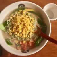 Vegetable Ramen · Vegetable based noodle soup with spinach noodles, mushrooms, corn, chopped tomatoes and bok-...