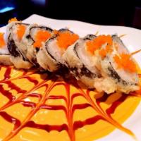 Volcano Roll · 8 piece. Deep fried roll, fish crab meat, cream cheese, spicy mayo, eel sauce and masago.