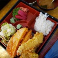 Tempura · Deep fried shrimp and vegetables.