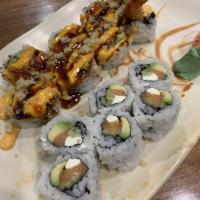 Fire Cracker Roll · Deep-fried shrimp, cream cheese, cucumber, avocado, topped with spicy mayo, eel sause, sirac...