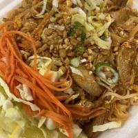 Pad Thai · Rice noodles stir-fried with eggs and bean sprouts topped with roasted peanuts. 