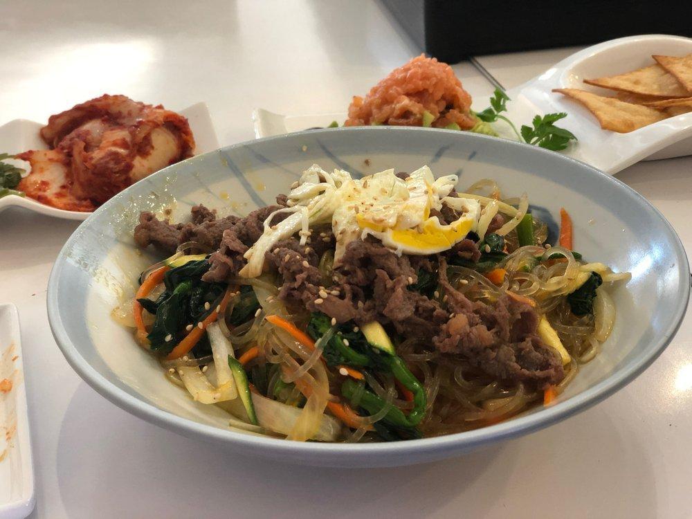 Japchae · Pan-broiled clear noodle with beef, vegetables, & egg.