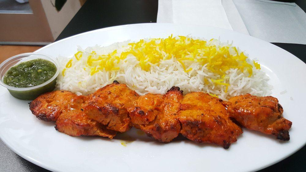 Chicken Kabob · Your choice of white or dark chicken saffron rice,grilled tomato