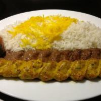 Combo Kabob · Beef& chicken louleh kabob,saffron rice,grilled tomato