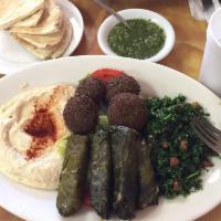 Vegetarian Plate · stuffed grape leaves (4 pc),falafel (4pc),hummus,tabbouleh,Tahini sauce
