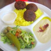 Falafel Platter · Deep fried ground chick peas with parsley, garlic, onions and spices. Vegan. Gluten free.