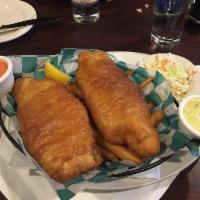 Fish and Chips · Ale battered cod fried to a golden brown served with fries, coleslaw, tartar and rose Marie ...