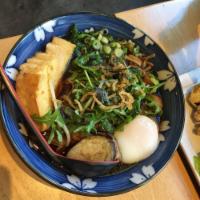 Caramelized Fennel Dashi Ramen · Japanese eggplant and rice tots. Comes with house noodles, seasonal veggies and oyster mushr...
