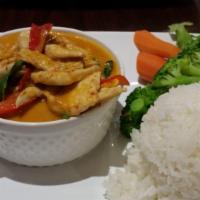Panang Curry · Choice of meat simmered with Panang curry and coconut milk and served with steamed vegetable...